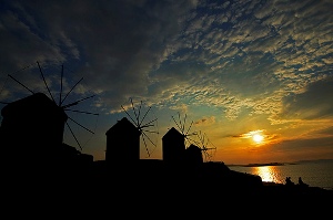 Mykonos windmills at sunset